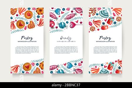 Jeu de modèles à aquarelle avec bonbons, biscuits, sucettes, confiseries et éléments de décoration. Concept d'aquarelle lumineux pour les invitations, les affiches. Banque D'Images
