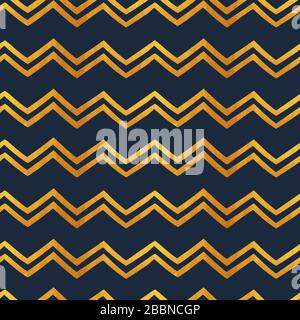 Motif or sans coutures en aquarelle sur fond bleu marine. Arrière-plan géométrique avec lignes zigzag. Bleu-bleu doré. Banque D'Images
