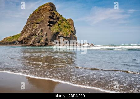 Taitomo Rock, à marée basse, Tasman Lookout Track, Waitakere Ranges Regional Park, Piha Beach, région d'Auckland, Île du Nord, Nouvelle-Zélande Banque D'Images