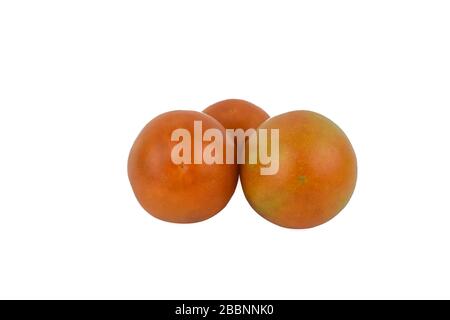 Vue latérale de trois tomates mûres de taille moyenne de couleur rouge isolées dans un fond blanc vide Banque D'Images