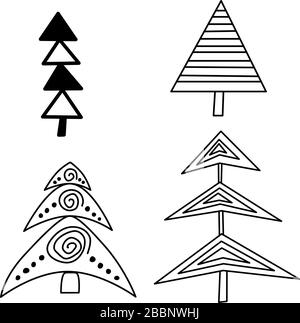 Ensemble de sapins de style scandinave. Éléments isolés sur fond blanc. Le style nordique pour l'affiche, l'emballage, les cartes postales, les motifs. Illustration de Vecteur