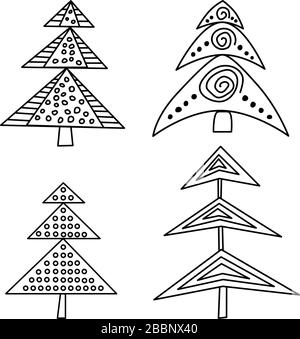 Ensemble de sapins de style scandinave. Éléments isolés sur fond blanc. Le style nordique pour l'affiche, l'emballage, les cartes postales, les motifs. Illustration de Vecteur