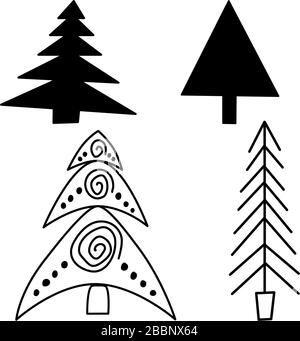 Ensemble de sapins de style scandinave. Éléments isolés sur fond blanc. Le style nordique pour l'affiche, l'emballage, les cartes postales, les motifs. Illustration de Vecteur