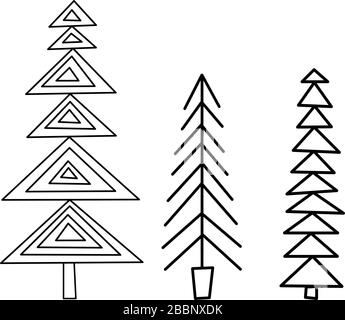 Ensemble de sapins de style scandinave. Éléments isolés sur fond blanc. Le style nordique pour l'affiche, l'emballage, les cartes postales, les motifs. Illustration de Vecteur