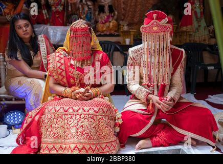 Au cours d'une cérémonie de mariage hindoue traditionnelle, la mariée et le marié détiennent chacun une fleur. Dans Queens, New York. Banque D'Images