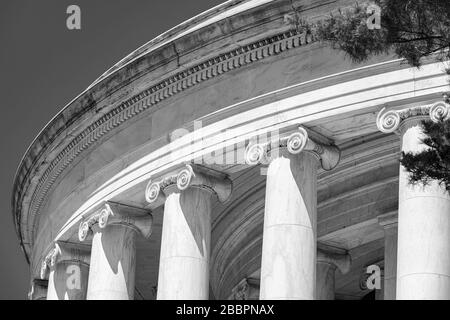 Les colonnes de l'ordre ionique, avec des capitales scinlées, supportent le dôme peu profond du Jefferson Memorial à Washington DC. Banque D'Images