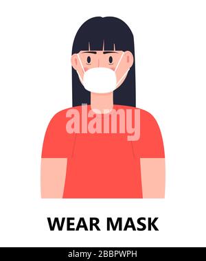Vecteur d'icône de masque d'usure. La prévention de la grippe, du rhume et du coronavirus est illustrée. La femme met un masque médical. Illustration de la personne infectée. Maladie respiratoire Illustration de Vecteur