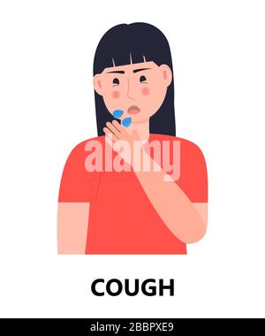 Éternuer, toussez fille icône vecteur. Le symptôme de grippe, de rhume, de coronavirus est montré. Femme éternuer dans les mains en prenant l'essuyage. Illustration de la personne infectée Illustration de Vecteur