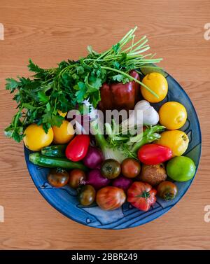 Bol coloré de fruits et légumes frais : chicorée, herbe de persil, oignons, courgettes, fenouil, tomates, citrons, citron vert, poivre et ail Banque D'Images