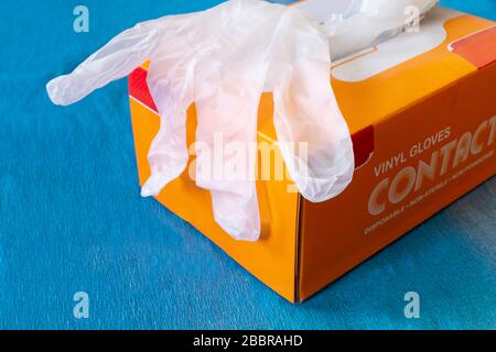 Gants en vinyle blancs dans la boîte sur fond bleu, gants médicaux stériles dans l'emballage Banque D'Images