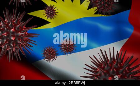 Un coronavirus qui tourne avec le drapeau d'Antigua-et-Barbuda derrière comme épidémie d'infection à Antigua-et-Barbuda Banque D'Images