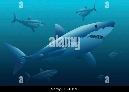 Illustration de grands requins blancs sous la surface de la mer, un océan éclairé par les rayons du soleil Banque D'Images