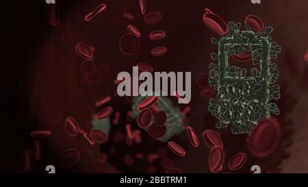 Vue de rendu microscopique en trois dimensions du virus en forme de symbole vertical de deux piles à moitié chargées dans la veine des globules rouges Banque D'Images
