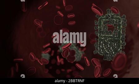 Vue de rendu microscopique du virus en forme de symbole vertical de la batterie à moitié chargée dans la veine des globules rouges Banque D'Images