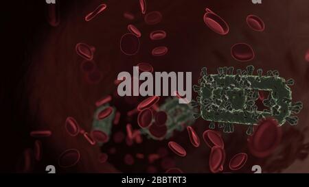 Vue de rendu microscopique du virus en forme de symbole horizontal de la moitié de la pile dans la veine avec les globules rouges Banque D'Images