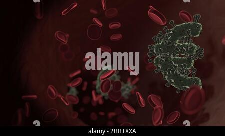 Vue de rendu microscopique du virus en forme de symbole de l'euro signe à l'intérieur de la veine avec les globules rouges Banque D'Images