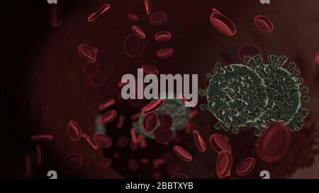 Vue de rendu microscopique du virus en forme de symbole de deux pièces en euros à l'intérieur de la veine avec des globules rouges Banque D'Images