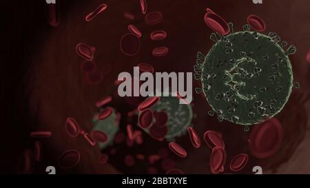Vue de rendu microscopique du virus en forme de symbole de pièce euro dans la veine avec les globules rouges Banque D'Images