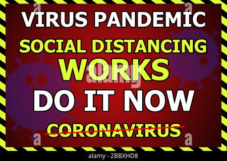 Le graphique du coronavirus indiquant une pandémie de virus distanciation sociale travaille sur un fond rouge avec une bordure noire et jaune à risque