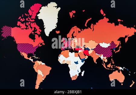 Carte du monde montrant la propagation du virus pandémique du covid-19 du coronavirus. Banque D'Images