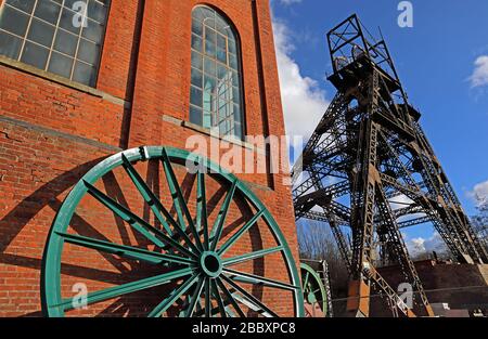 Wbobinage Gear et Pit Head, mine de charbon, mine de charbon et musée, Astley Green, Manchester, Lancashire, Nord-Ouest de l'Angleterre, Royaume-Uni Banque D'Images