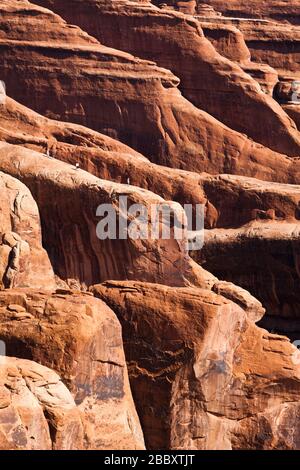 Quatre personnes sur une nageoire en grès dans le jardin des Devils, Arches National Park, Utah. Banque D'Images