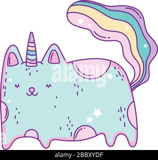 Kawaii caticorn dessin de dessin animé, magie fantasy conte de fées enfance animal fée sauvage mignon et joli thème illustration vectorielle Illustration de Vecteur