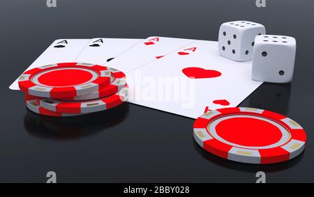 Jeu de cartes de poker jetons et dés gros plan de rendu 3 dimensions illustration Banque D'Images