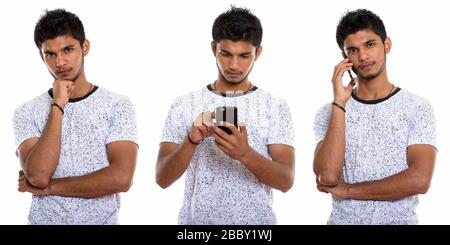 Collage de jeune homme indien pensant tout en utilisant le téléphone Banque D'Images