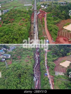 Pékin, Chine. 30 mars 2020. La photo combinée aérienne montre un train traversant le site de l'accident le 1er avril 2020 (en haut) et le lieu de l'accident après qu'un train a déraillé le 30 mars 2020 (en bas) sur la ligne ferroviaire Beijing-Guangzhou à Chenzhou City, dans la province de Hunan, au centre de la Chine. Crédit: Li GA/Xinhua/Alay Live News Banque D'Images