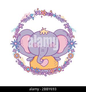 Jolie caricature d'éléphant à l'intérieur des fleurs et des feuilles de couronne, zoo animal vie nature personnage enfance et adorable thème illustration vectorielle Illustration de Vecteur