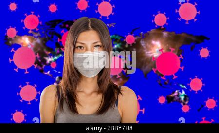 Femme chinoise portant un masque chirurgical avec des cellules de coronavirus sur fond de carte worl Banque D'Images