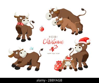 Joyeux Noël, des vaches drôles sur fond blanc. Style carte dessinée Illustration de Vecteur