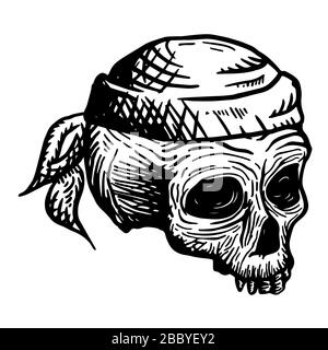 Crâne dessiné à la main d'un homme mort dans un bandana, sur un fond blanc. Illustration vectorielle. Illustration de Vecteur