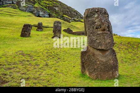 De nombreuses statues de moai dans la carrière de Rano Raraku Banque D'Images