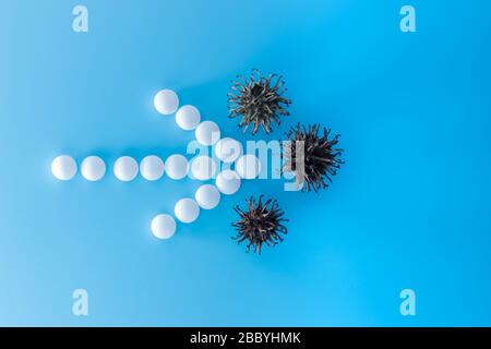Modèle abstrait de souche virale de 2019-nCov nouveau coronavirus. Le groupe de virus covid-19 est attaqué par la flèche pilules. Concept de traitement du coronavirus an Banque D'Images