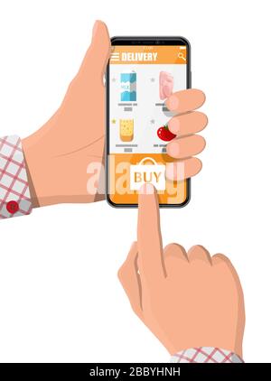 Smartphone avec application de shopping. Livraison d'épicerie. Commande Internet. Super-marché en ligne. Plats et boissons. Lait, légumes, viande, fromage. Illustration vectorielle à plat Illustration de Vecteur