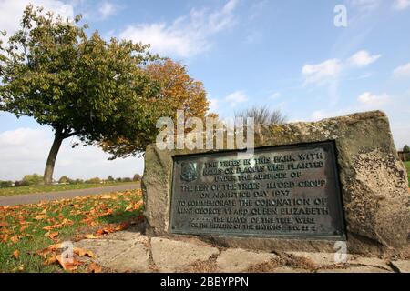 Plaque indiquant que les arbres du parc ont été plantés le jour de l'armistice en 1937 pour commémorer le couronnement du roi George VI et de la reine Elizabeth. C Banque D'Images