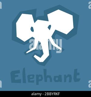 Icône éléphant, coupe de papier. Style moderne et brutal. Silhouette abstraite sur un arrière-plan bleu avec du texte. Carte interactive pour apprendre l'alphabet anglais Illustration de Vecteur