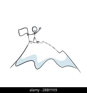 Monter la montagne. Réussite d'un homme fier. Sommet de montagne à l'ascension. Debout sur le dessus du monde. Tiré à la main. Dessin animé stickman. Doodle Illustration de Vecteur