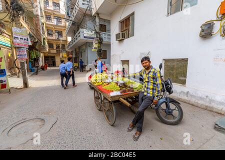 Homme local vendant des fruits d'un barrow au bord de la route: Scène de rue dans le quartier de Mahipalpur, une banlieue près de l'aéroport de Delhi à New Delhi, capitale de l'Inde Banque D'Images