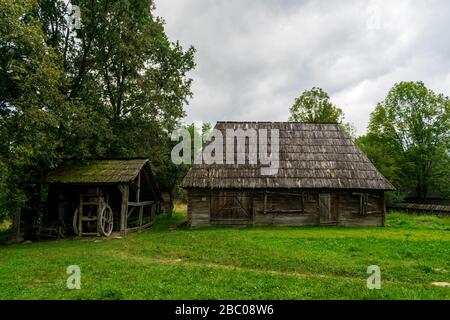 Hangar pour wagon, bois de chauffage et outils agricoles à proximité de la maison Barsan, Musée du village de Maramures, Roumanie Banque D'Images