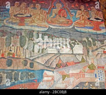 Wat Phumin a quelques-uns des plus uniques peintures murales en Thaïlande. Peintures bien conservées qui représentent les légendes bouddhistes et la vie quotidienne des gens de Tai Lue Banque D'Images