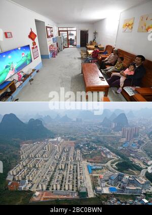 (200402) -- NANNING, le 2 avril 2020 (Xinhua) -- la photo combinée montre aux résidents de regarder la télévision dans leur nouvelle maison dans un site de réinstallation de secours de la pauvreté (en haut), et une vue aérienne d'un site de réinstallation de secours de la pauvreté (en bas) dans le comté autonome de Luocheng Mulao, région autonome de Guangxi Zhuang, en Chine méridionale, le 6 novembre 2019. La région autonome de Guangxi Zhuang, une région clé des efforts de lutte contre la pauvreté en Chine, a entraîné l'identification et la mise en place de dossiers pour environ 710 000 personnes déplacées de zones inhospitalières au cours de la 13ème période du Plan quinquennal (2016-2020) comme une lutte clé contre la pauvreté. Le programme de relocalisation Banque D'Images