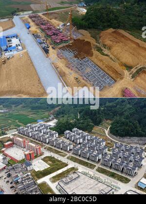(200402) -- MANNING, 2 avril 2020 (Xinhua) -- La photo combinée montre une vue aérienne d'un site de relocalisation de secours de la pauvreté en construction le 13 octobre 2016 (en haut), et une vue aérienne du même site de relocalisation après la construction le 16 octobre 2019 (en bas) dans le comté autonome de Yao du sud de la Chine Guangxi Zhuang région autonome. La région autonome de Guangxi Zhuang, une région clé des efforts de lutte contre la pauvreté en Chine, a entraîné l'identification et la mise en place de dossiers pour environ 710 000 personnes déplacées de zones inhospitalières au cours de la 13ème période du Plan quinquennal (2016-2020) comme une lutte clé contre la pauvreté. Le r Banque D'Images