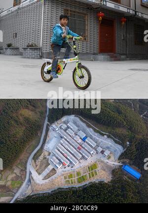 (200402) -- NANNING, 2 avril 2020 (Xinhua) -- la photo combinée montre un garçon qui monte un vélo sur un site de réinstallation pour soulager la pauvreté (en haut), et une vue aérienne du même site de relocalisation pour soulager la pauvreté (en bas) dans le village de Mianhua du comté autonome de Luocheng Mulao, dans la région autonome Guangxi Zhuang de Chine méridionale, 2 mars 2017. La région autonome de Guangxi Zhuang, une région clé des efforts de lutte contre la pauvreté en Chine, a entraîné l'identification et la mise en place de dossiers pour environ 710 000 personnes déplacées de zones inhospitalières au cours de la 13ème période du Plan quinquennal (2016-2020) comme une lutte clé contre la pauvreté. Le pro de la réinstallation Banque D'Images