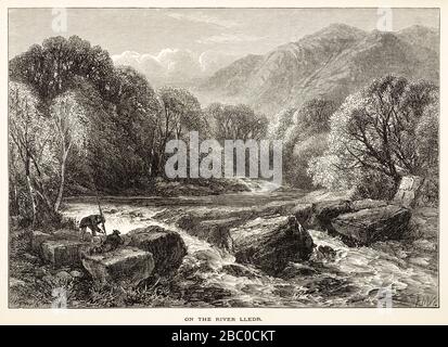 Gravure ancienne du XIXe siècle de deux hommes pêchant sur la rivière Lledr (Afon Lledr) au nord du Pays de Galles Banque D'Images