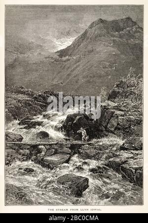 Gravure ancienne du XIXe siècle d'un ruisseau menant de Llyn Idwal dans le parc national de Snowdonia, au nord du Pays de Galles. Banque D'Images