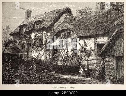 Gravure ancienne du XIXe siècle du Cottage d'Anne Hathaway à Sottery près de Stratford-upon-Avon, Warwickshire, Royaume-Uni Banque D'Images