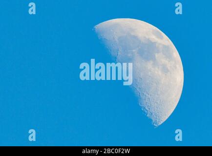 Sieversdorf, Allemagne. 01 avril 2020. La lune de croissant ciré, également appelée le premier trimestre, est à moitié éclairée. Dans l'hémisphère nord de la terre, la moitié droite est éclairée, au sud de l'équateur, la moitié gauche. Crédit: Patrick Pleul/dpa-Zentralbild/ZB/dpa/Alay Live News Banque D'Images